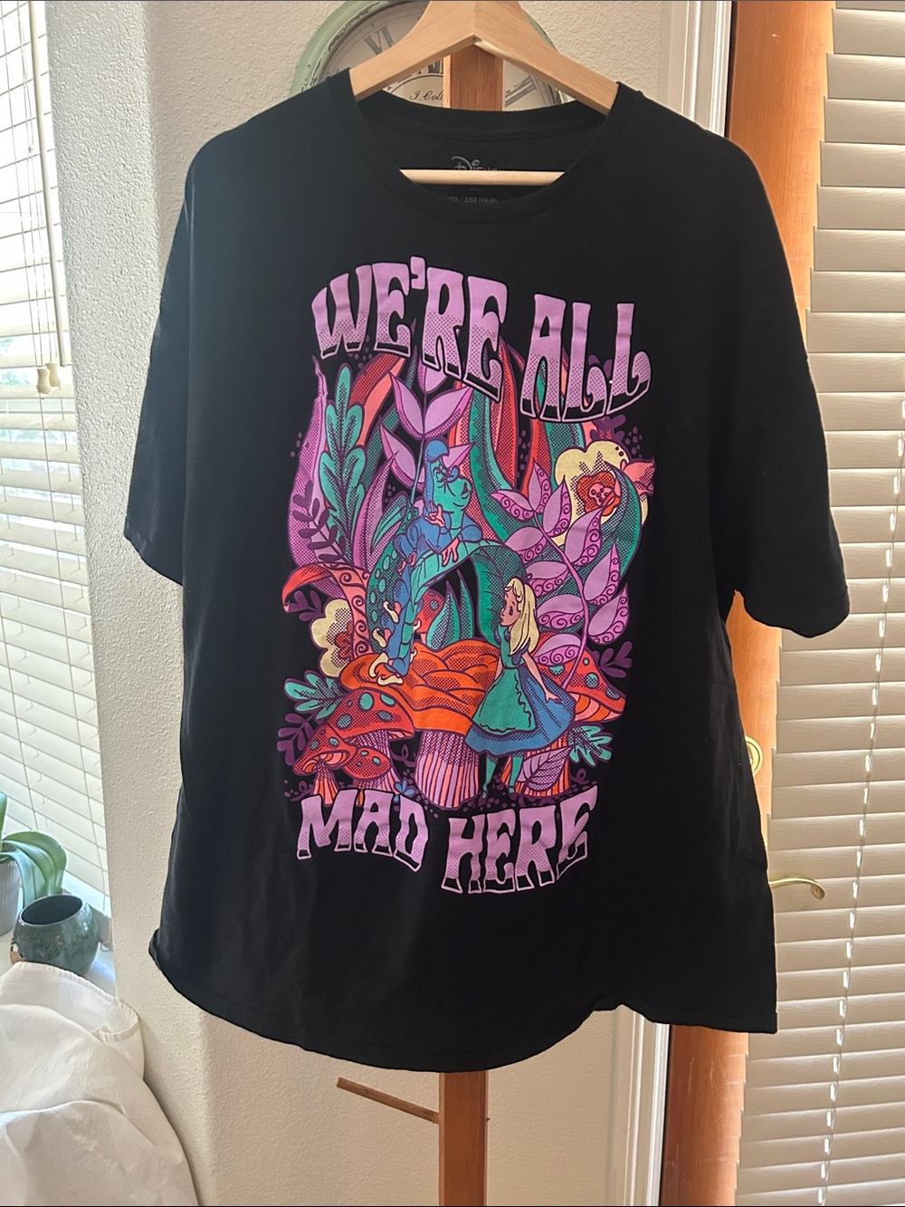 Disney Black Tee with Purple, Teal, Orange & Pink Alice Illustration